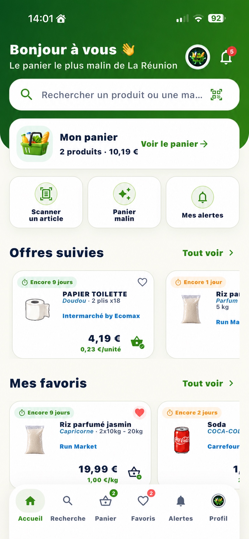 Écran d’accueil de ZotPanier sur Android
