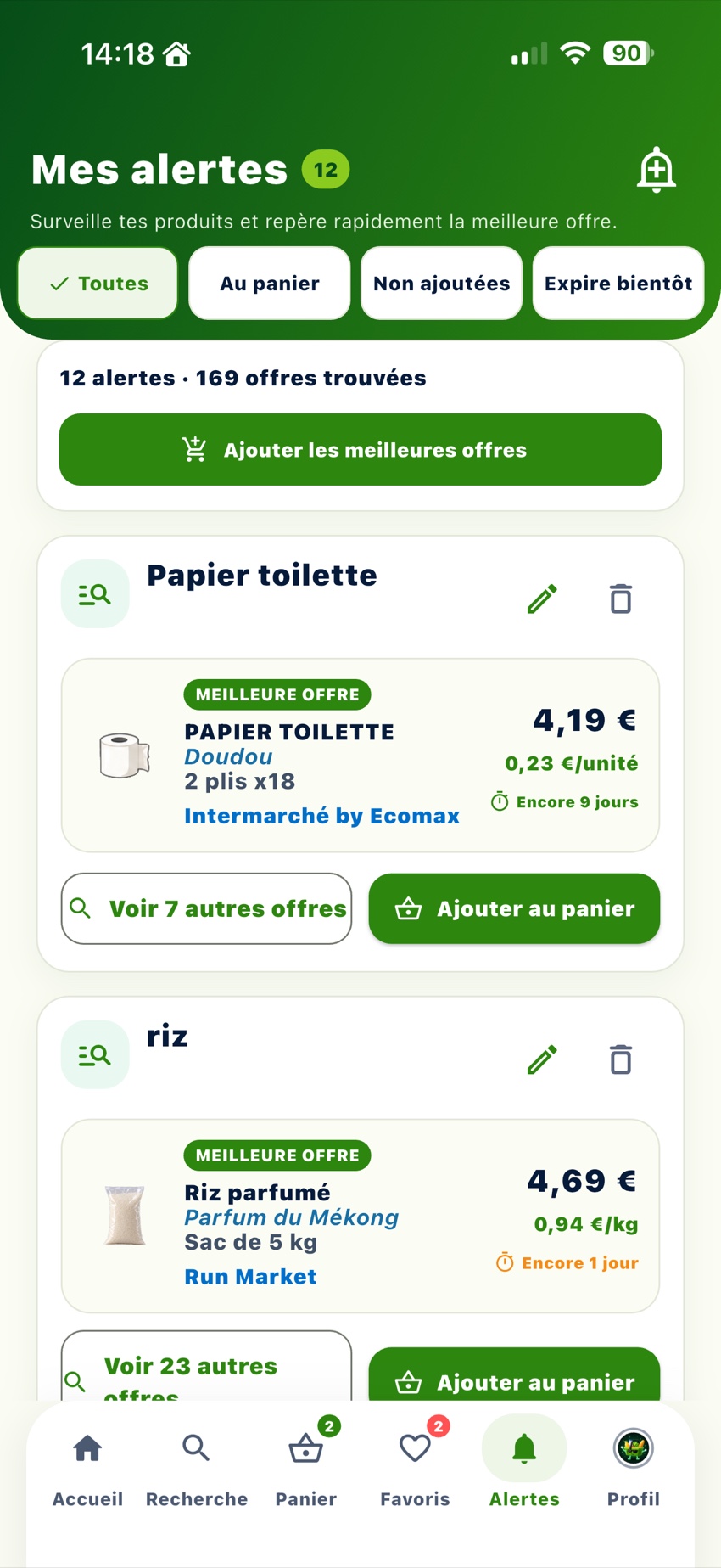 Alertes ZotPanier affichant les meilleures offres disponibles