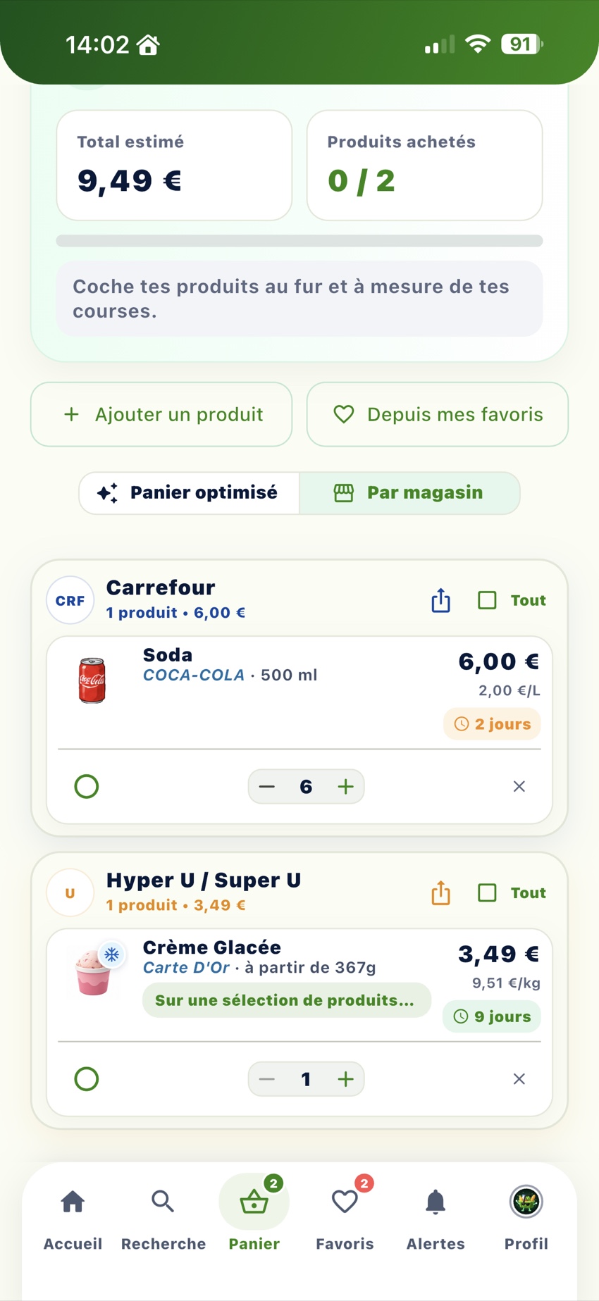 Panier ZotPanier optimisé et organisé par magasin
