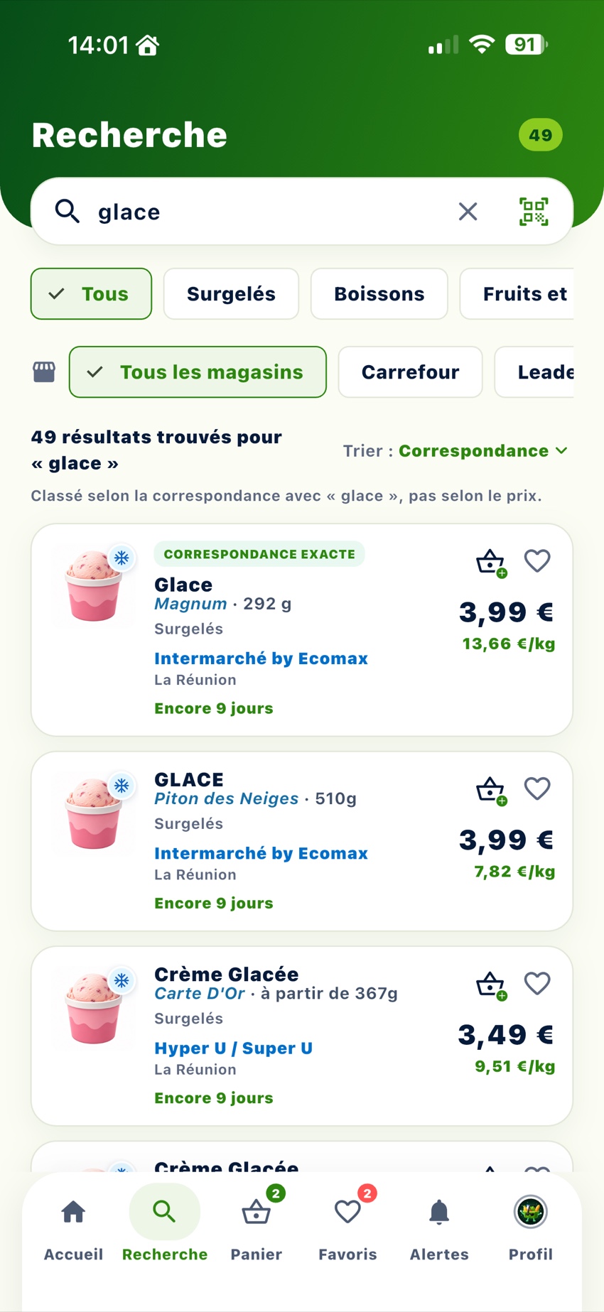 Recherche de glaces et comparaison des prix dans ZotPanier